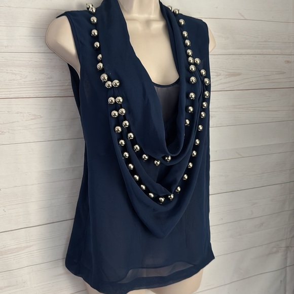 Diane Von Furstenberg Size 8 Silk Sheer Navy Bauble Beaded Sleeveless Blouse - Picture 2 of 8